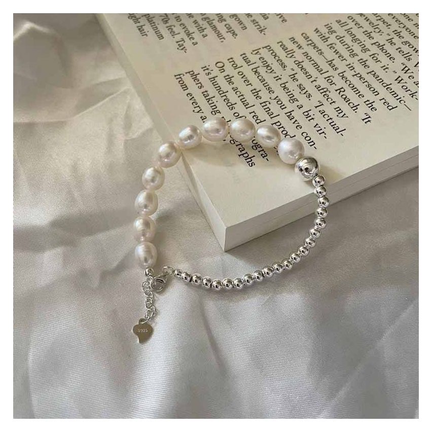 Platinum Plating 925 Silver and White Freshwater  pearl Smooth Bracelet