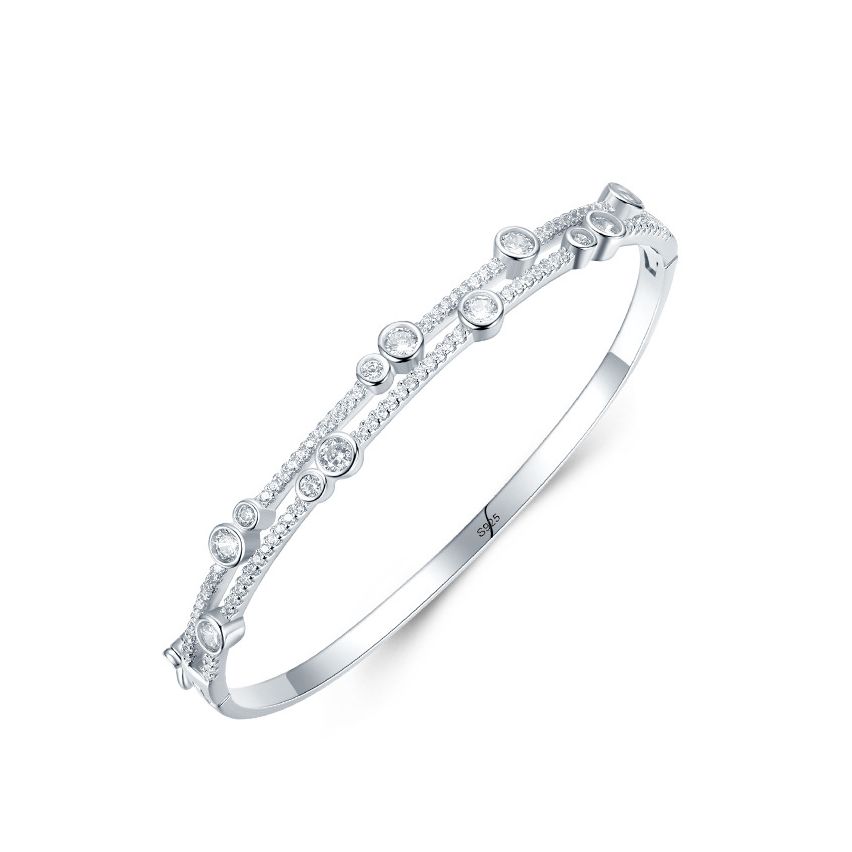 Rhodium Plating 925 Silver and White Zircon Smooth Bangle