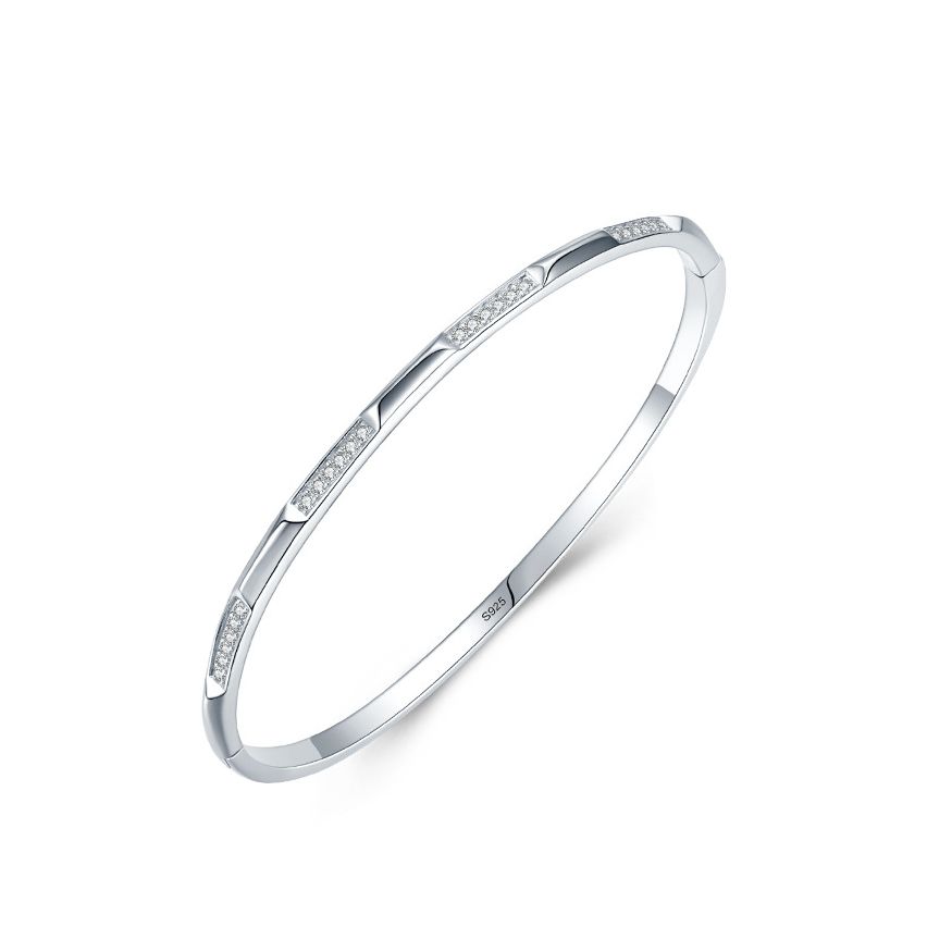 Rhodium Plating 925 Silver and White Zircon Smooth Bangle