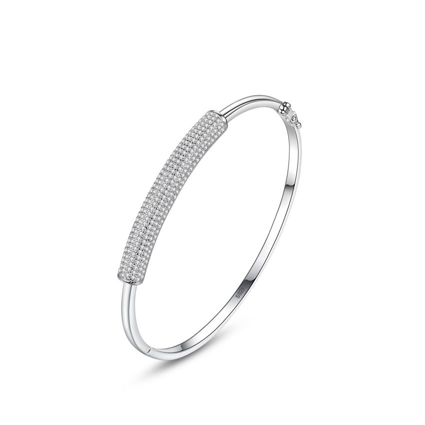 Rhodium Plating 925 Silver and White Zircon Smooth Bangle