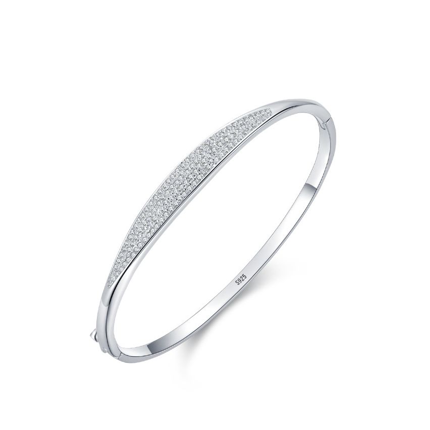 Rhodium Plating 925 Silver and White Zircon Smooth Bangle