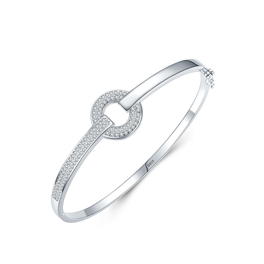 Rhodium Plating 925 Silver and White Zircon Smooth Bangle