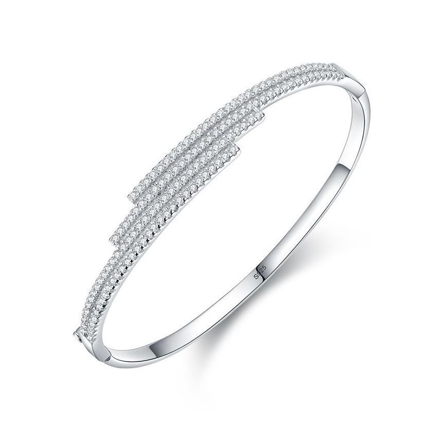 Rhodium Plating 925 Silver and White Zircon Smooth Bangle