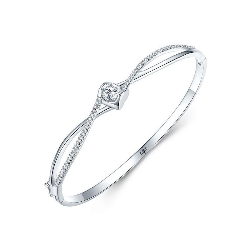 Rhodium Plating 925 Silver and White Zircon Smooth Bangle