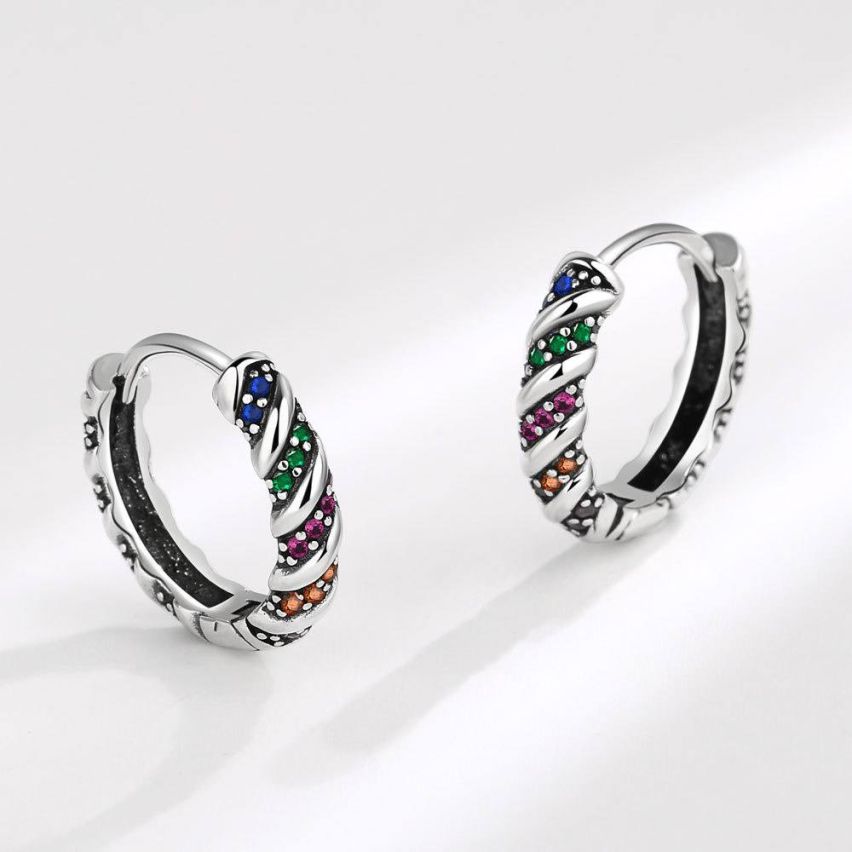 925 Silver and Combined Zircon Hoop Earrings