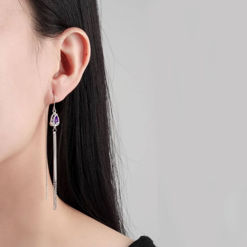 925 Silver and Amethyst Zircon Long Earrings