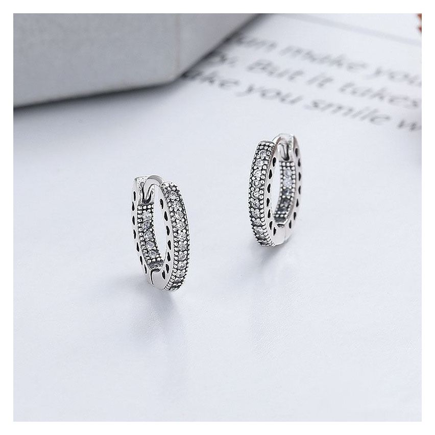 Rhodium Plating 925 Silver and White Zircon Hoop Earrings