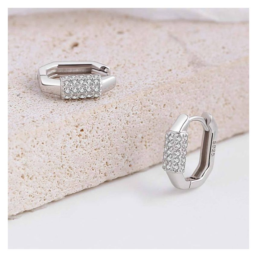 Rhodium Plating 925 Silver and White Zircon Smooth Earrings