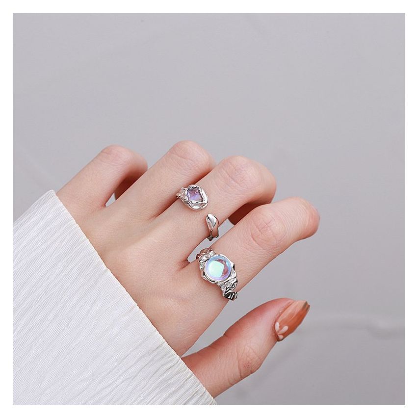 Rhodium Plating 925 Silver and Moon Stone Texture Ring