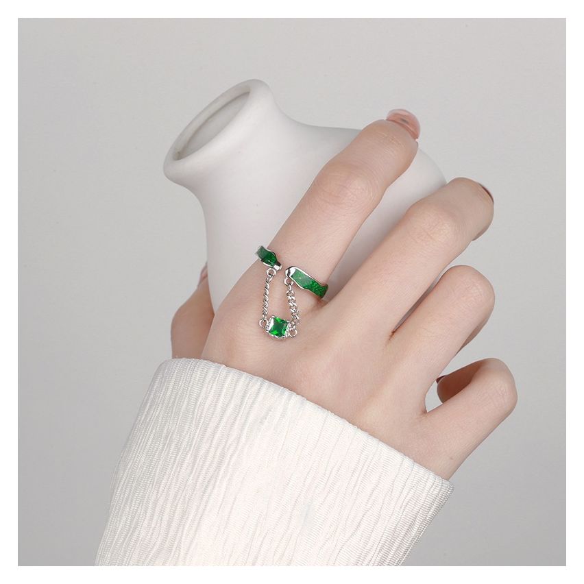 Rhodium Plating 925 Silver and Green Zircon Smooth Ring