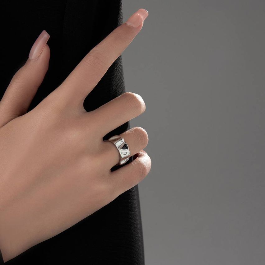 Rhodium Plating 925 Silver and Black Enamel Smooth Ring